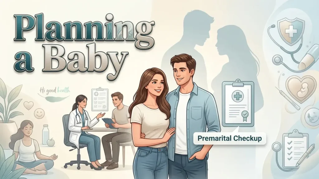 Couple at a premarital checkup with doctors and medical records, headed Planning a Baby