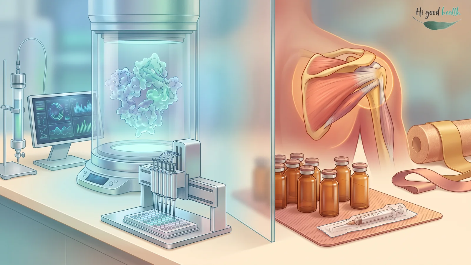 TB-500 in India: What It Is, What the Evidence Shows, and Why Athletes Cannot Touch It 2 A laboratory bench on one side, where a protein structure sits under glass beside an automated pipetting head and an instrument screen, and on the other side an illustration of a shoulder joint and its tendons above a row of plain amber vials, a wrapped syringe and a roll of athletic tape.