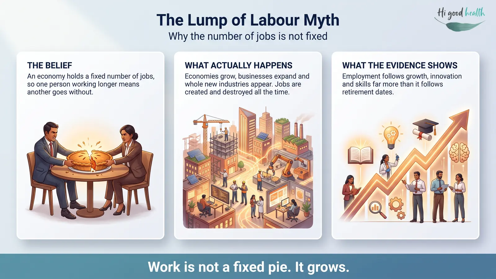 Infographic: the lump of labour myth — the mistaken belief that an economy holds a fixed number of jobs, what actually happens as economies grow and new industries appear, and what the evidence shows, that employment follows growth, innovation and skills far more than it follows retirement dates.
