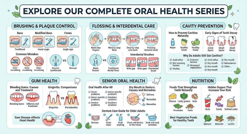 Complete Oral Hygiene Guide for Every Age - Oral Hygiene Series: Part 1 4 Infographic index of the oral health series, covering brushing, flossing, cavity prevention, gum health, senior care and nutrition
