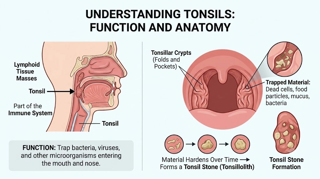 Water Flosser for Tonsil Stones: Does It Work, and Is It Worth Buying in India? | Oral Hygiene | Part 5 3 Infographic on tonsil function and anatomy, showing tonsillar crypts and how trapped material hardens into a tonsil stone