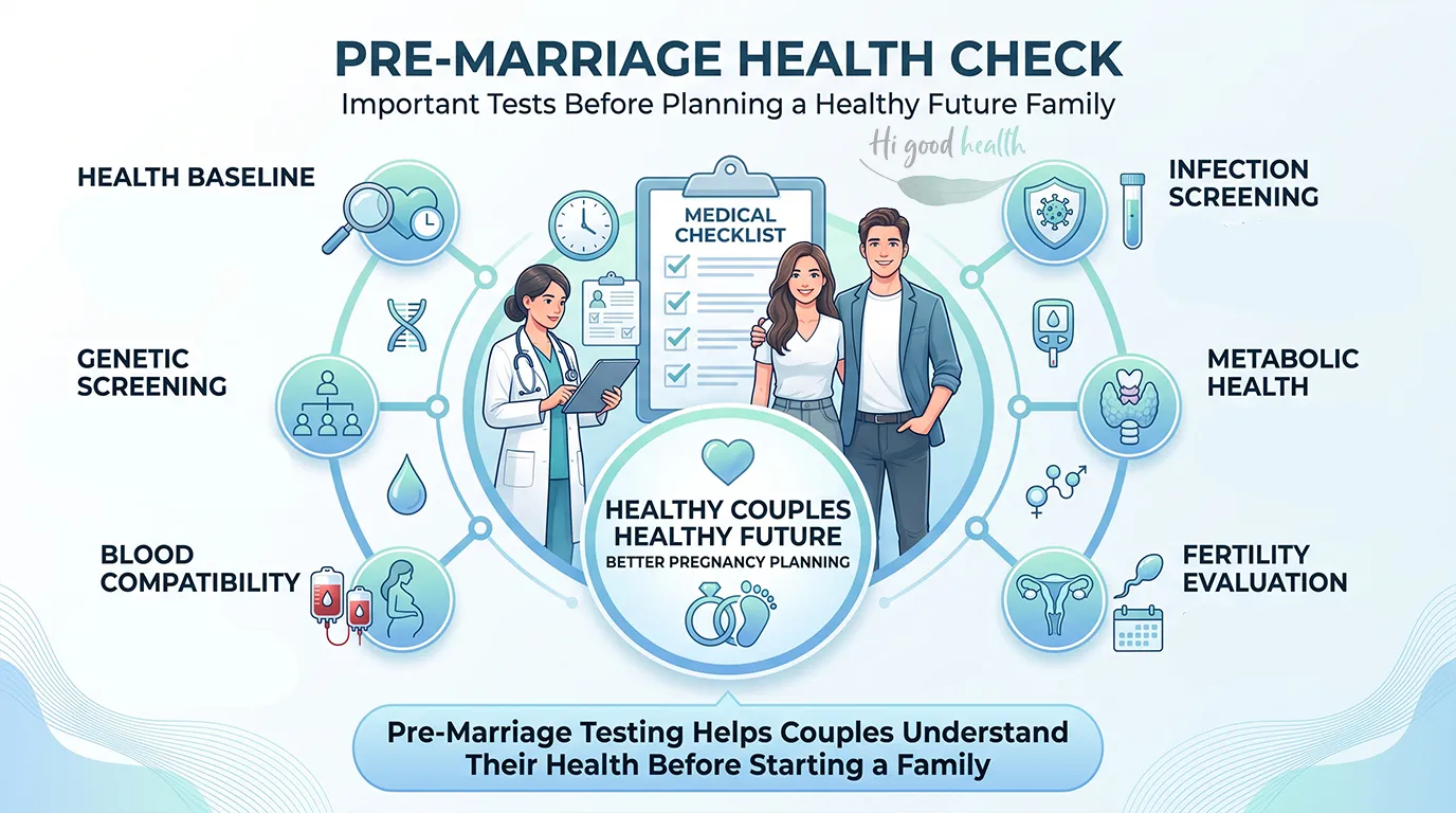 Infographic on pre-marriage health checks, covering genetic screening, blood compatibility, infection screening and fertility