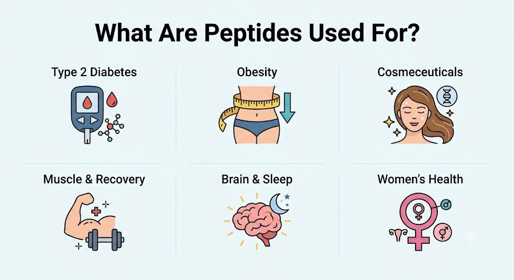 Peptides in India: What They Are, Which Ones Are Real Medicines, and What Is Being Sold to You 4 Infographic showing six areas peptides are used in: type 2 diabetes, obesity, cosmeceuticals, muscle and recovery, brain and sleep, and women’s health
