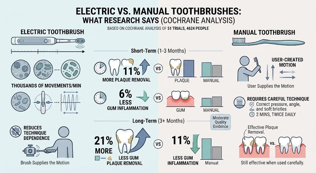 Electric vs Manual Toothbrush: Which Is Better for Your Teeth and Gums? 4 Infographic summarising the Cochrane analysis of 51 trials and 4,624 people: powered brushes gave 11 percent more plaque removal and 6 percent less gum inflammation at one to three months, rising to 21 percent and 11 percent after three months
