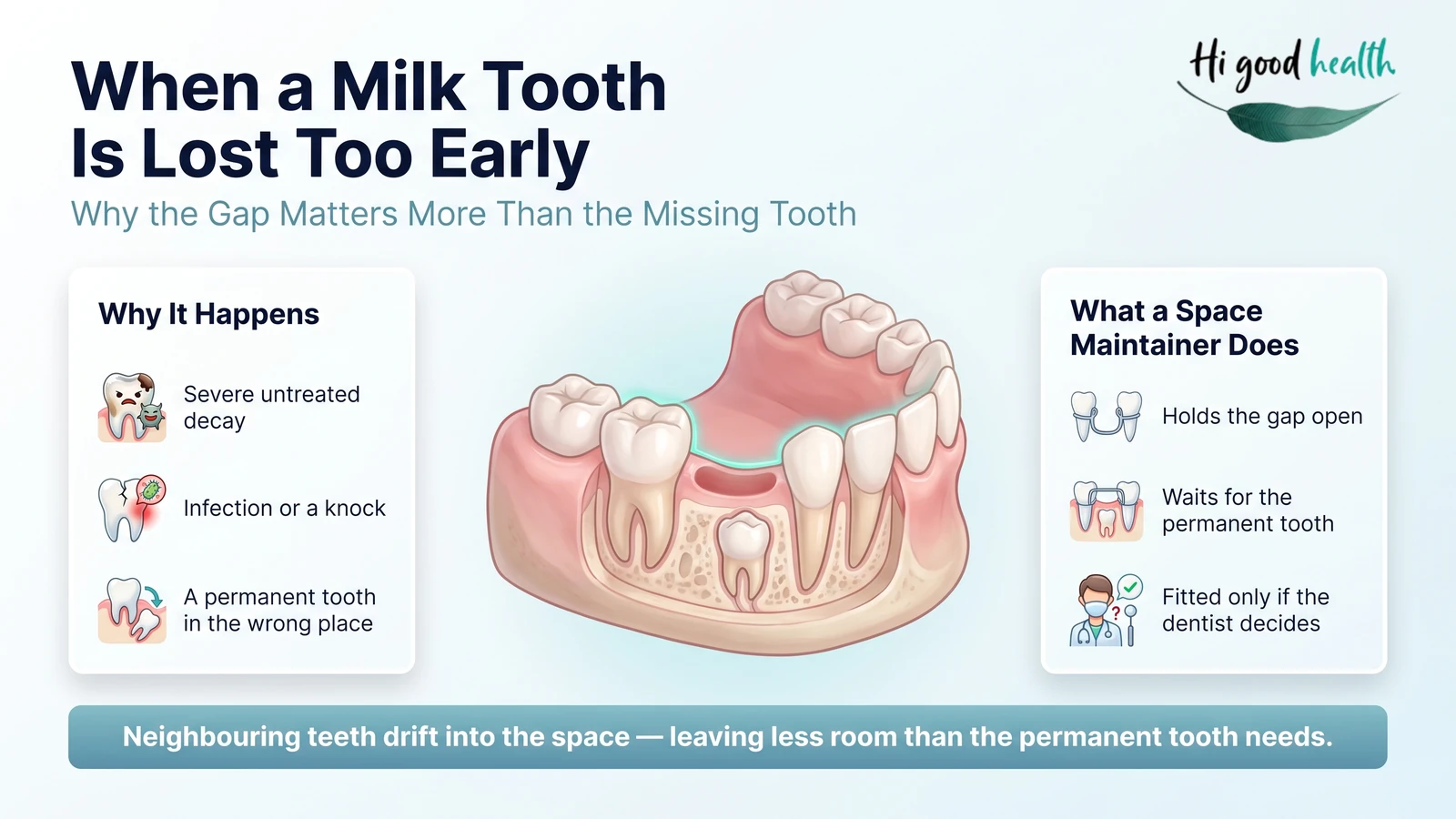 Milk Teeth Falling Out: Age, Order, Timeline, and What Indian Parents Should Know 6 Infographic on early milk tooth loss: causes, how neighbouring teeth drift into the gap, and what a space maintainer does