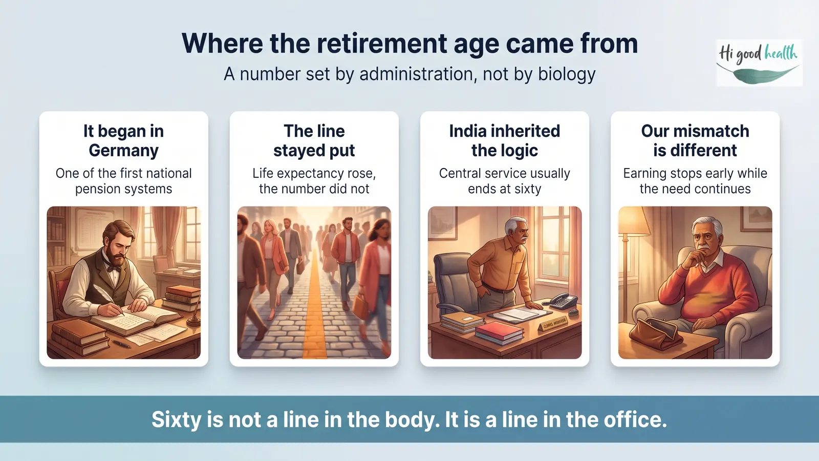 If Ageing Slows Down, Will Retirement Even Exist? | Reverse Ageing | Part 3 3 Where the retirement age came from: one of the first national pension systems began in Germany, life expectancy then rose while the number stayed put, India inherited the same logic so central service usually ends at sixty, and India's mismatch is different because earning stops early while the need continues