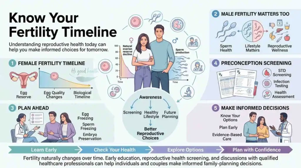 Infographic headed Your Body Has a Deadline, Your Calendar Might Not, on how fertility changes with age and why timing matters