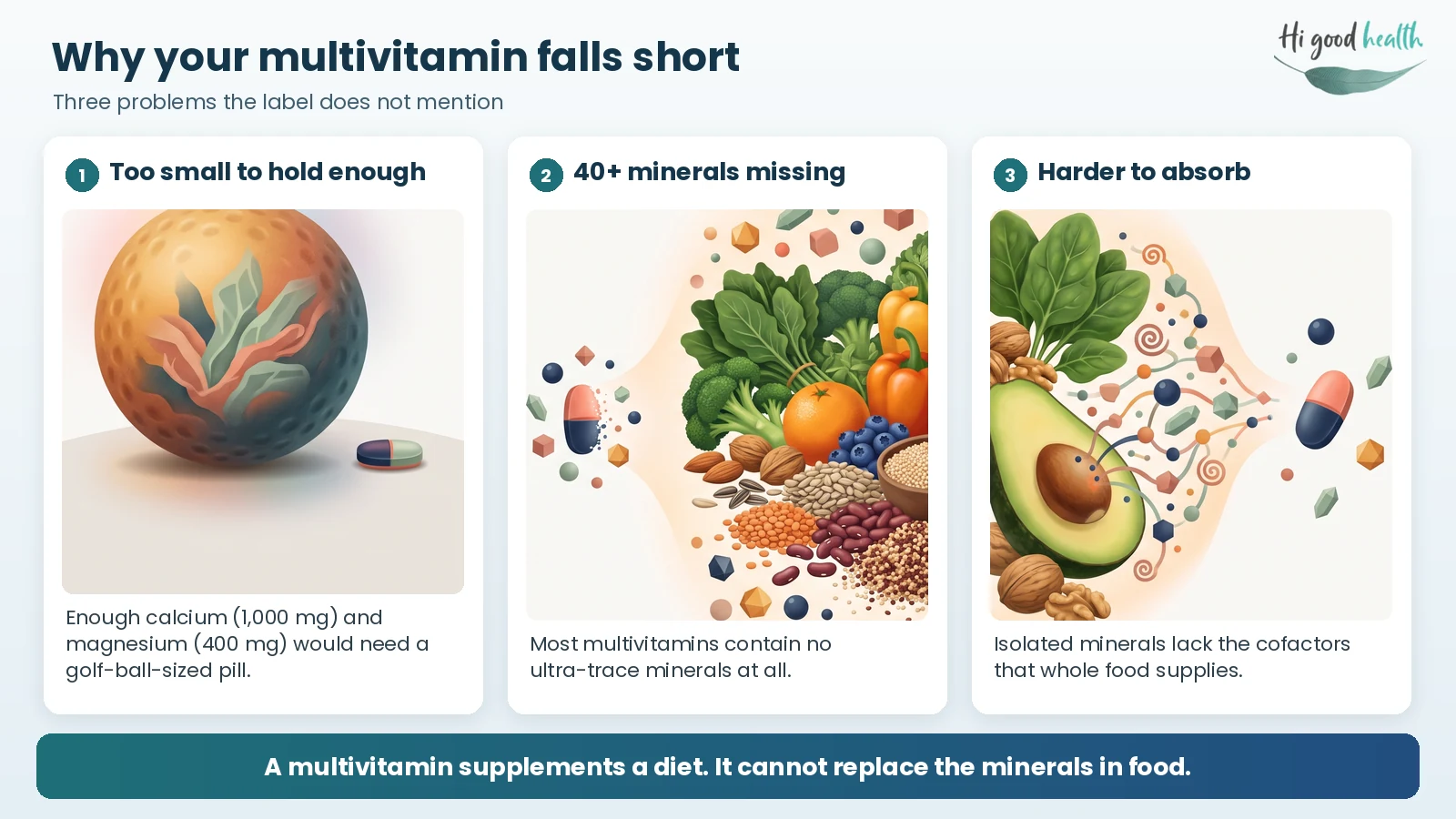 Infographic: why your multivitamin falls short. Enough calcium (1,000 mg) and magnesium (400 mg) would need a golf-ball-sized pill; most multivitamins contain no ultra-trace minerals; and isolated minerals lack the cofactors that whole food supplies
