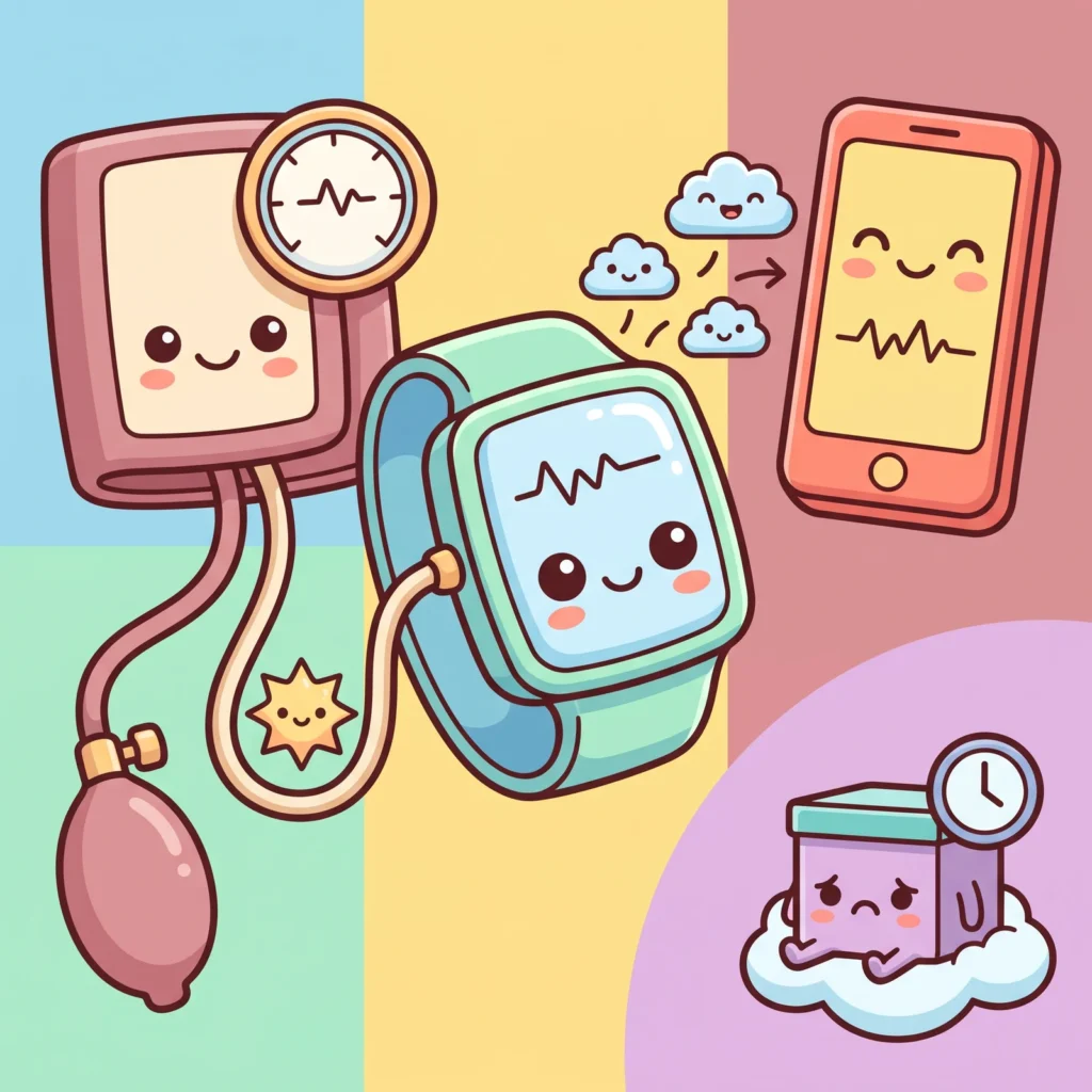 Illustration of a cuffless blood pressure wristband beside a classic arm cuff, sending readings to a phone app