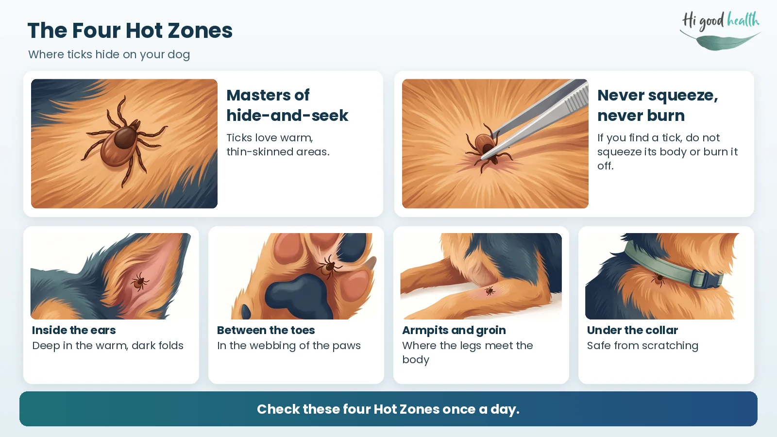 The four Hot Zones where ticks hide on a dog — inside the ears, between the toes, the armpits and groin, and under the collar — with a reminder never to squeeze or burn a tick off