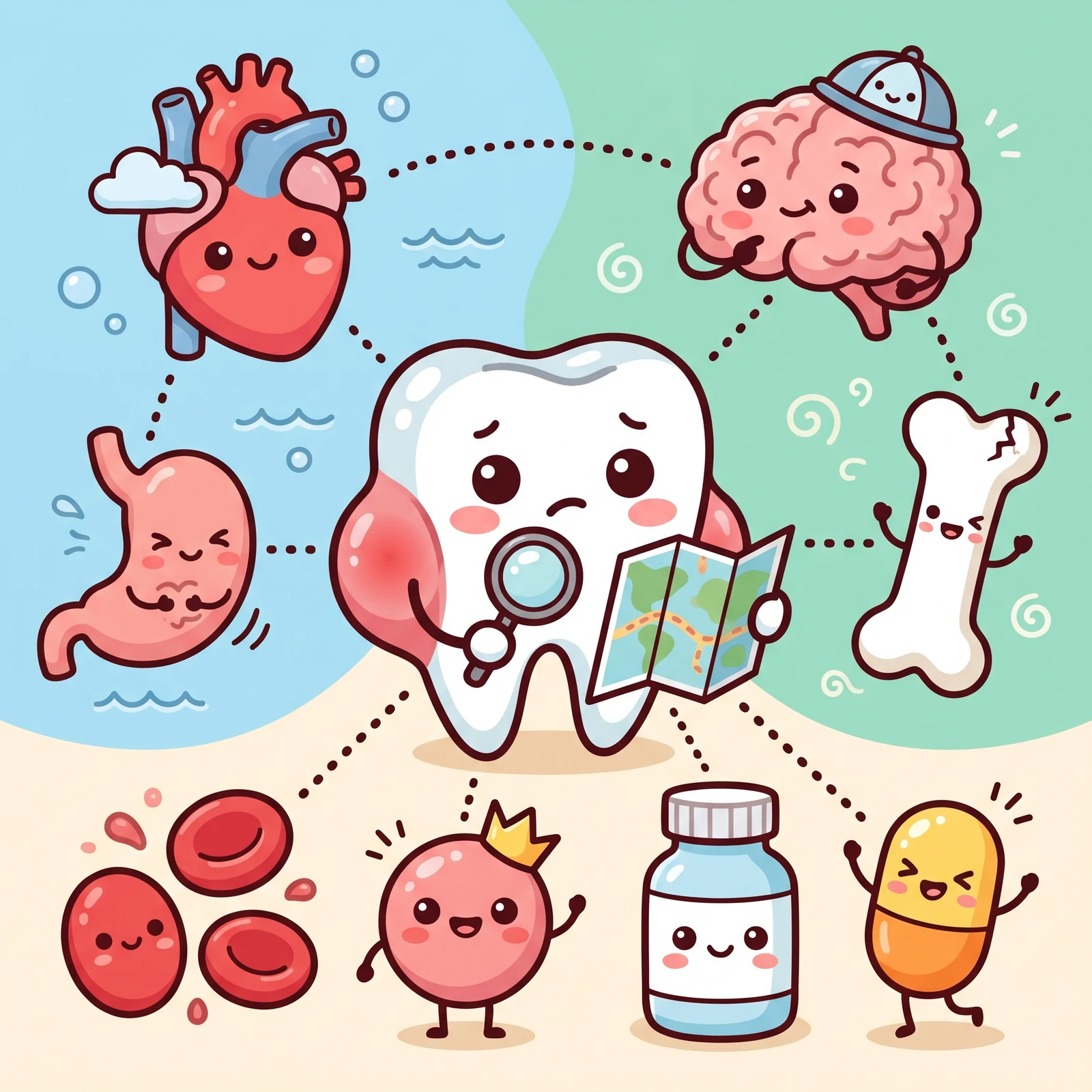 Cartoon tooth with a magnifying glass, linked to a heart, brain, stomach, bone, blood cells and medicines