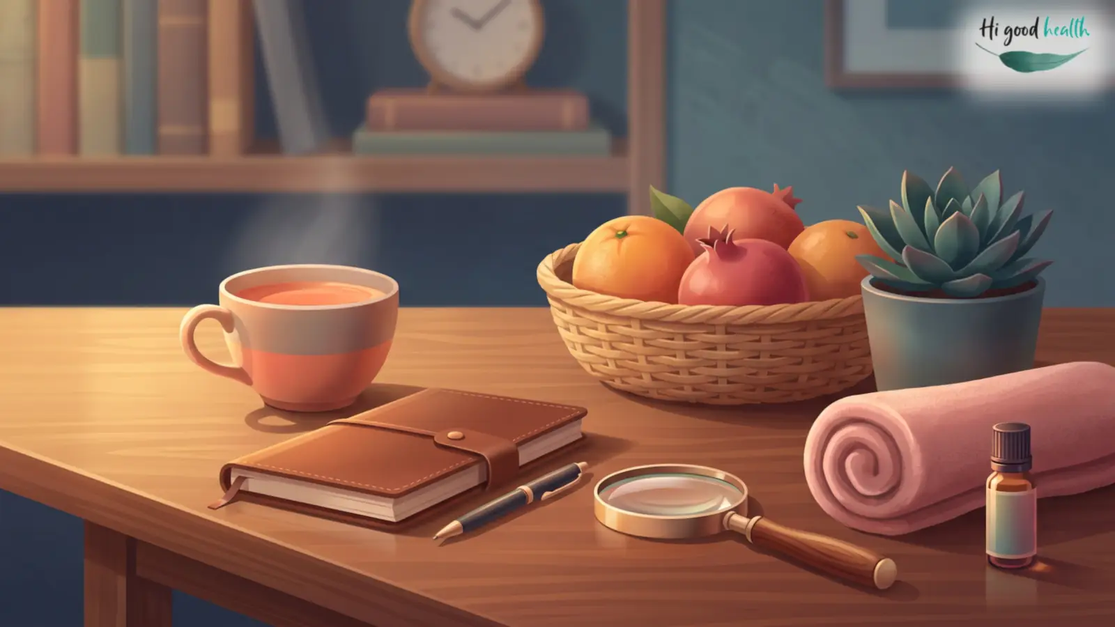 Gum Swelling, Bleeding and Dry Mouth: How Underlying Diseases Affect Your Gums and Oral Health 2 A table with a warm drink, a notebook, a magnifying glass, a basket of oranges and pomegranates, and a small bottle