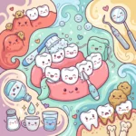 Cartoon teeth in healthy pink gums being brushed, with dental floss, an interdental brush and a dental mirror around them