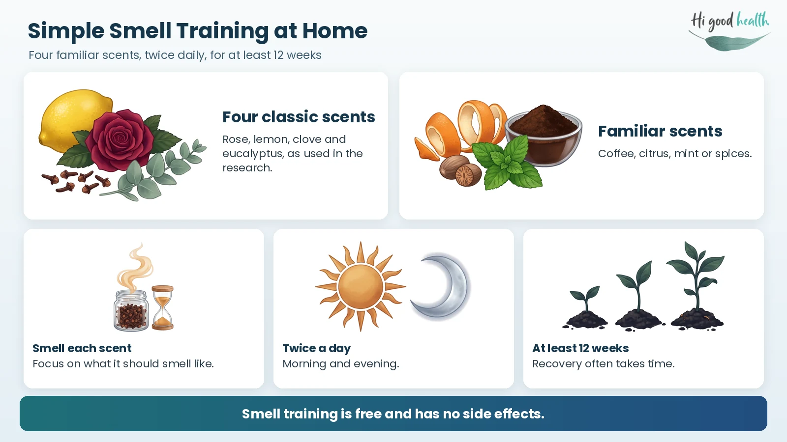 Infographic on simple smell training at home: use four scents, either the classic rose, lemon, clove and eucalyptus used in research or familiar ones such as coffee, citrus, mint or spices. Smell each one while focusing on what it should smell like, twice a day, morning and evening, for at least 12 weeks, as recovery often takes time. Smell training is free and has no side effects.