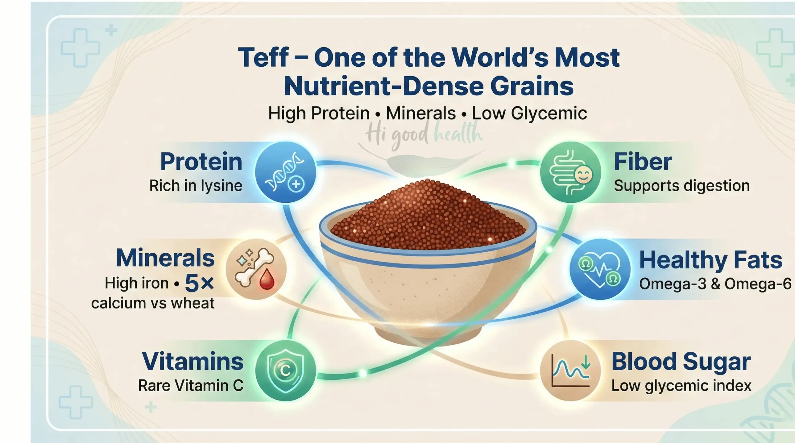 Teff grain showing high fiber, minerals, and low glycemic impact supporting blood sugar balance and health.