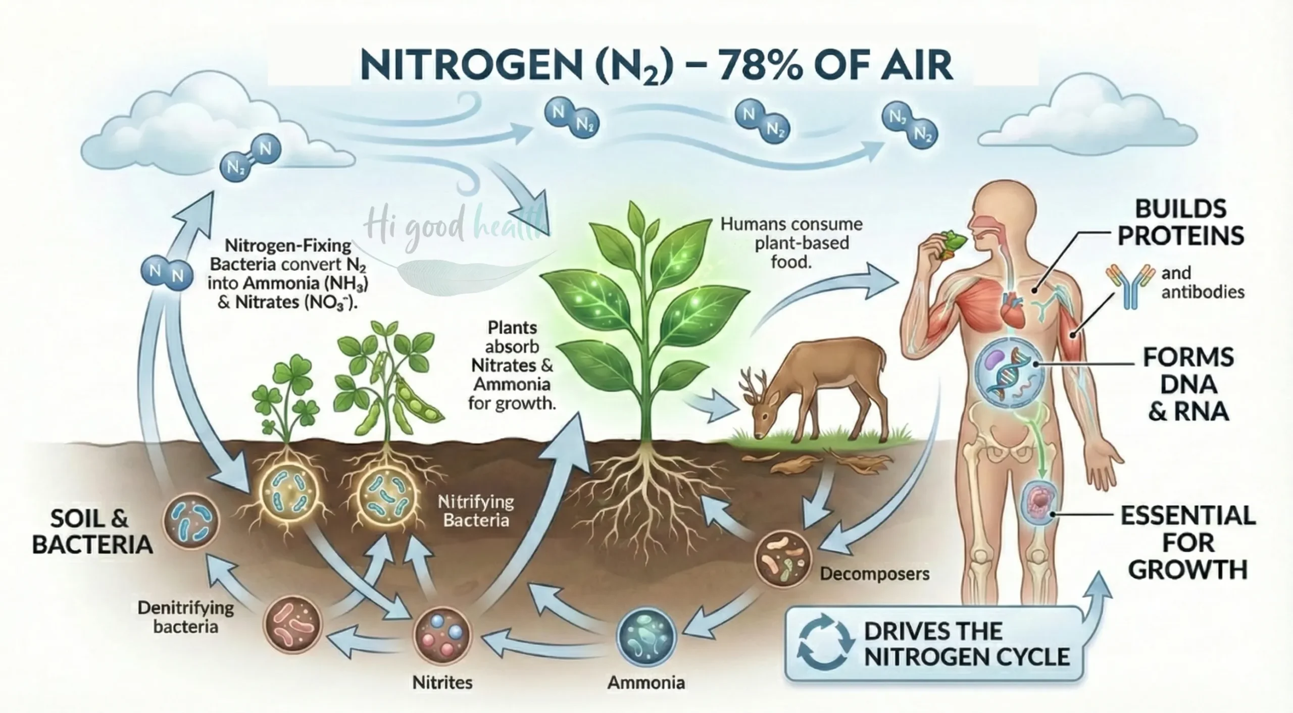 Nitrogen’s role in life, showing how it supports plants, proteins, DNA, and the food chain through the nitrogen cycle.