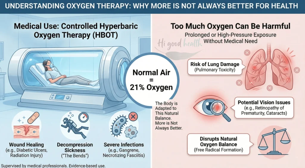 Discussion on oxygen chambers, explaining when high oxygen levels help medically and why excess oxygen can harm general health.