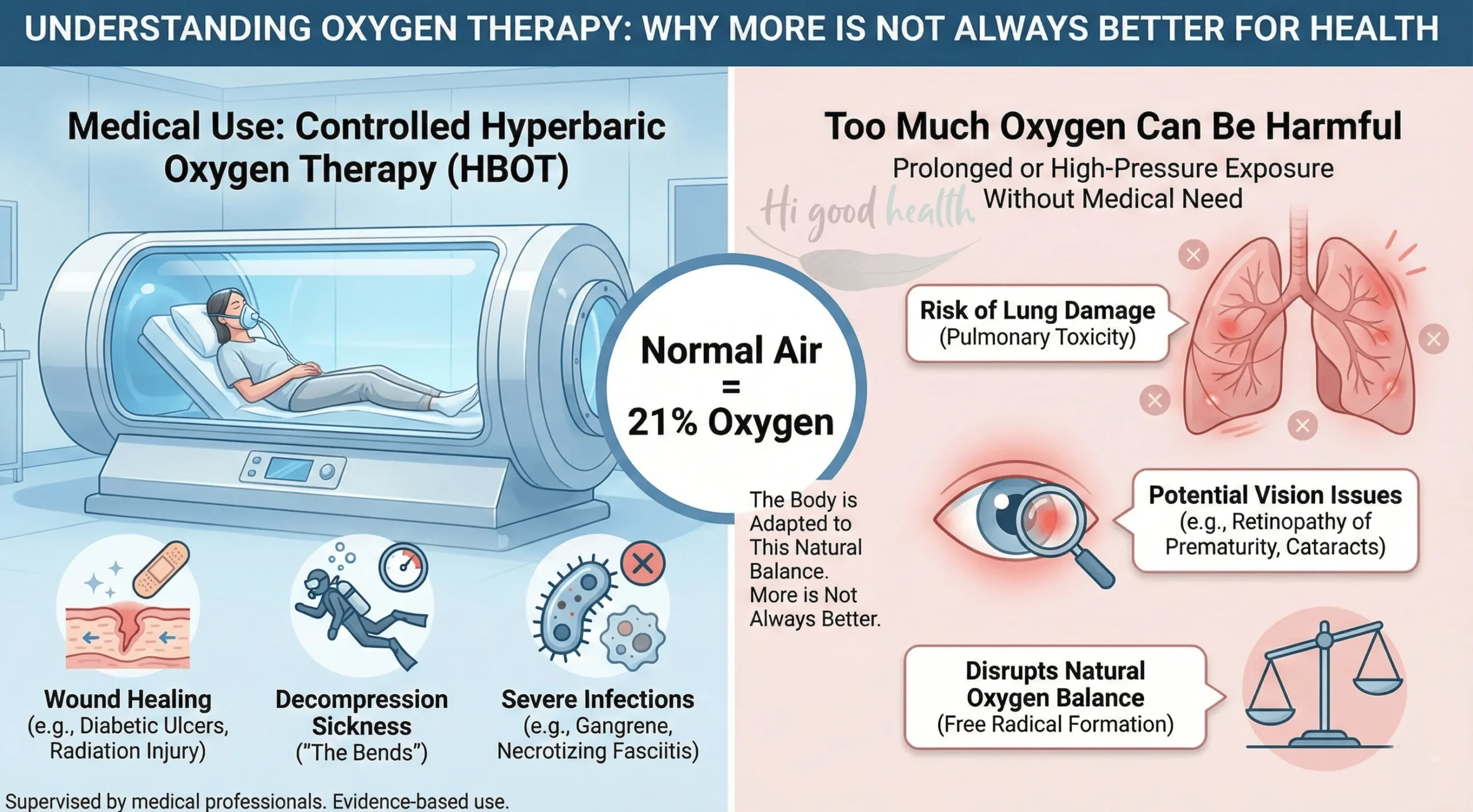 Discussion on oxygen chambers, explaining when high oxygen levels help medically and why excess oxygen can harm general health.