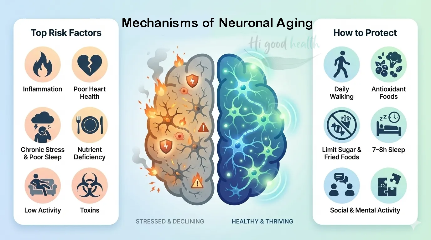 Key causes of neuron decline after 50, including inflammation, poor heart health, stress, nutrition gaps, and inactivity.
