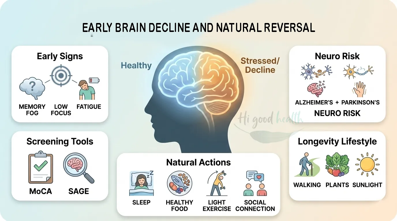 Early signs of brain decline infographic showing memory loss, neuron damage, and natural lifestyle methods to slow aging after 60.