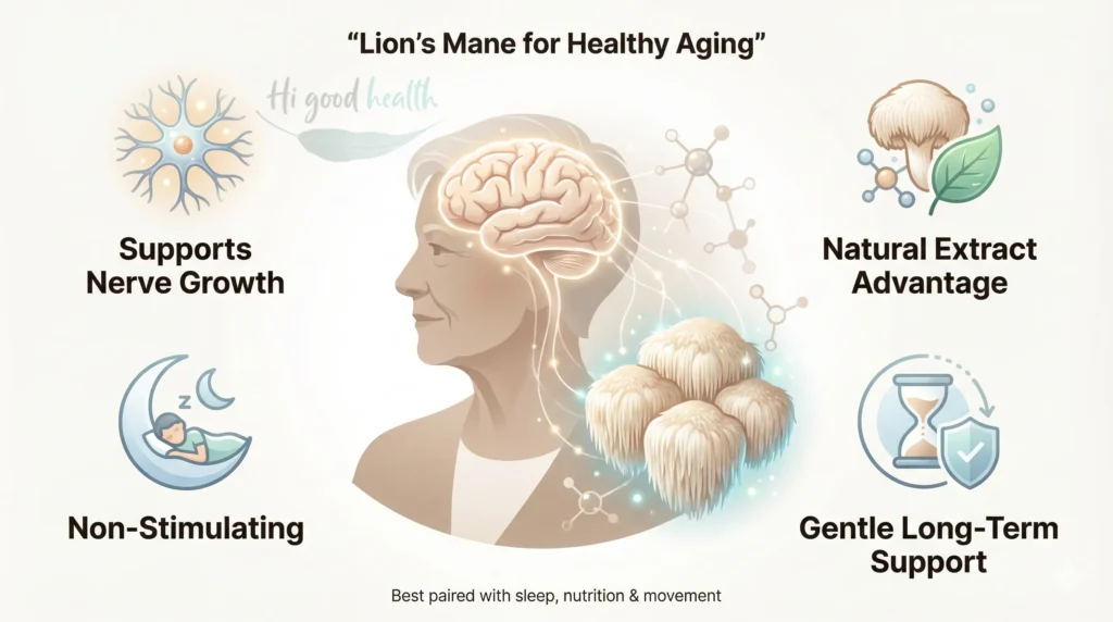 Lion’s Mane mushroom supports brain health, especially in adults over 60, with natural compounds not easily replicated in labs.