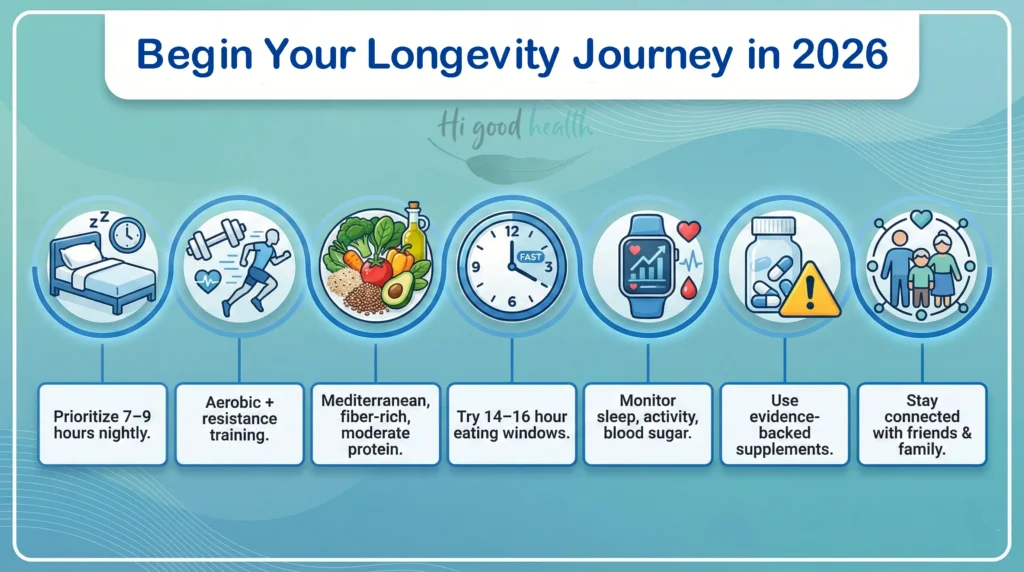 Longevity lifestyle steps: sleep, exercise, diet, fasting, tracking, evidence-based supplements, social habits.