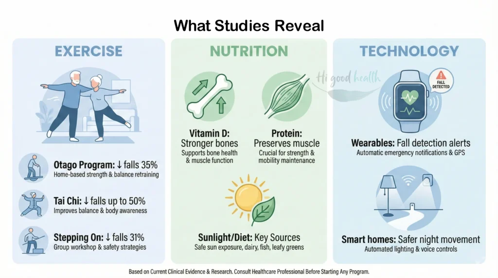Science-backed fall prevention strategies for seniors including exercise, nutrition, and technology.