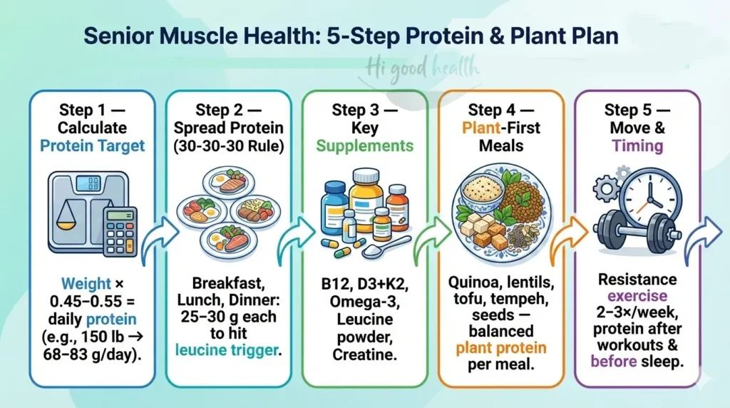 Senior protein plan 2026: plant-based meals, leucine, supplements, resistance training for muscle health.