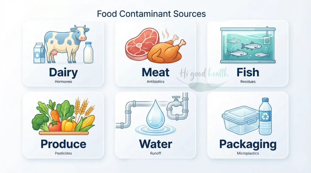 Table showing food and water sources of drug, hormone, pesticide, and microplastic contamination.