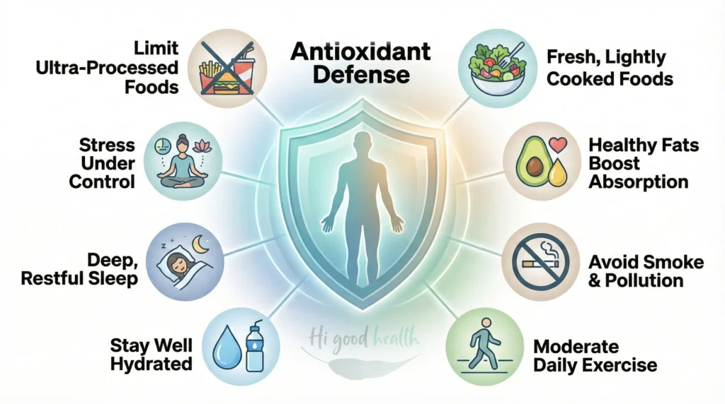 Natural ways to fix antioxidant deficiency through diet, exercise, sleep, hydration, and stress management