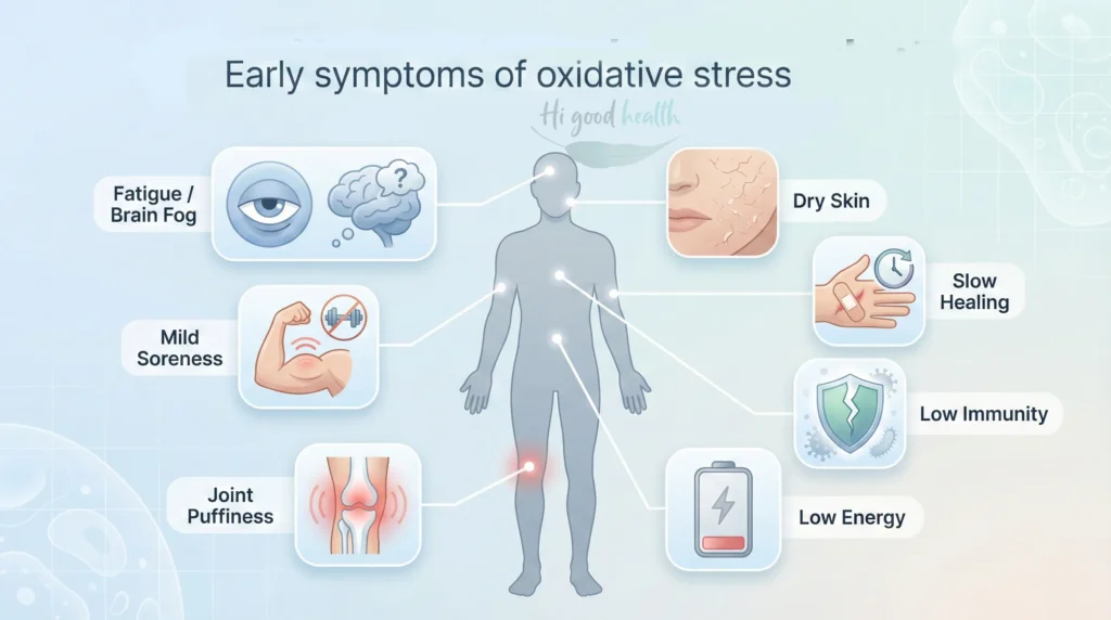 Common signs of low antioxidants include fatigue, dull skin, slow healing, low immunity, and brain fog.