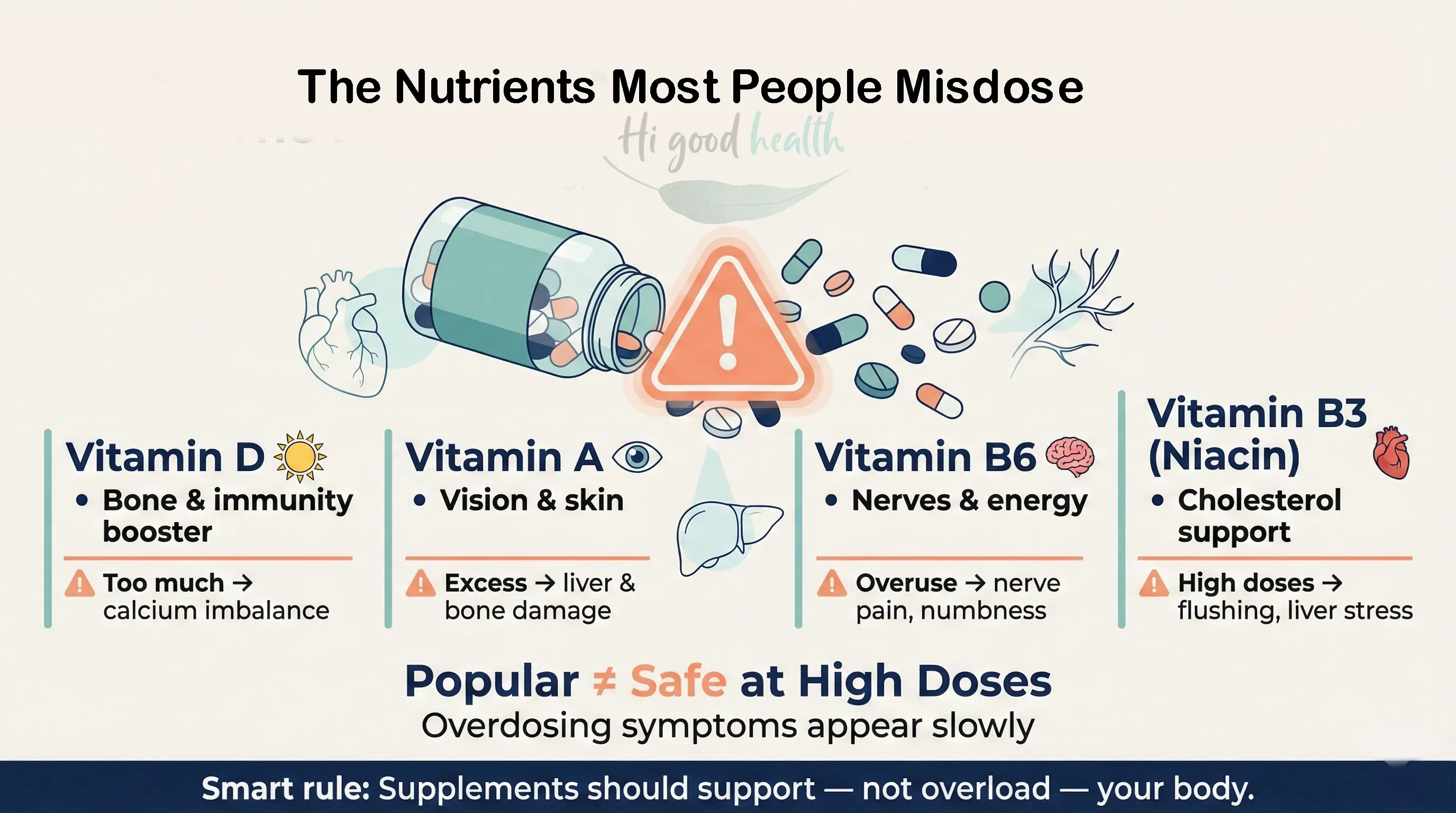 Vitamin Overdose Symptoms: Commonly Misdosed Nutrients and How to Stay Safe 3 Infographic of the four nutrients people most often misdose — vitamin D, vitamin A, vitamin B6 and niacin — each with what it does and what too much causes