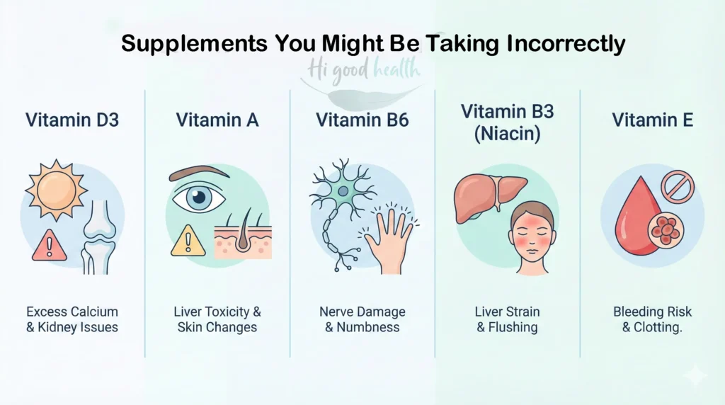 Commonly misdosed vitamins like D, A, B6, B3, and E can harm health if taken in excess.