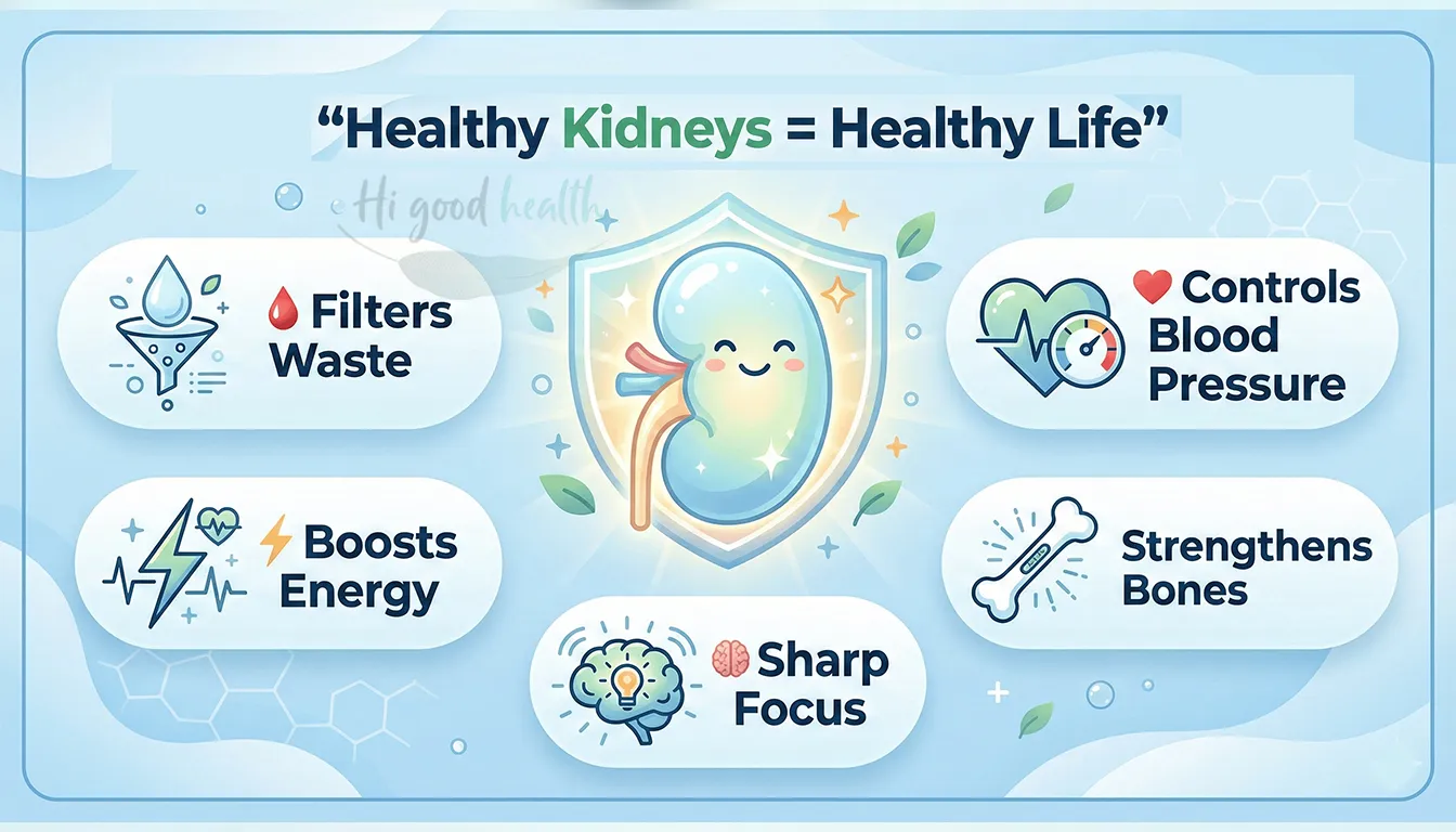 Illustration showing healthy kidneys supporting blood filtration, energy, blood pressure balance, and overall body wellness.
