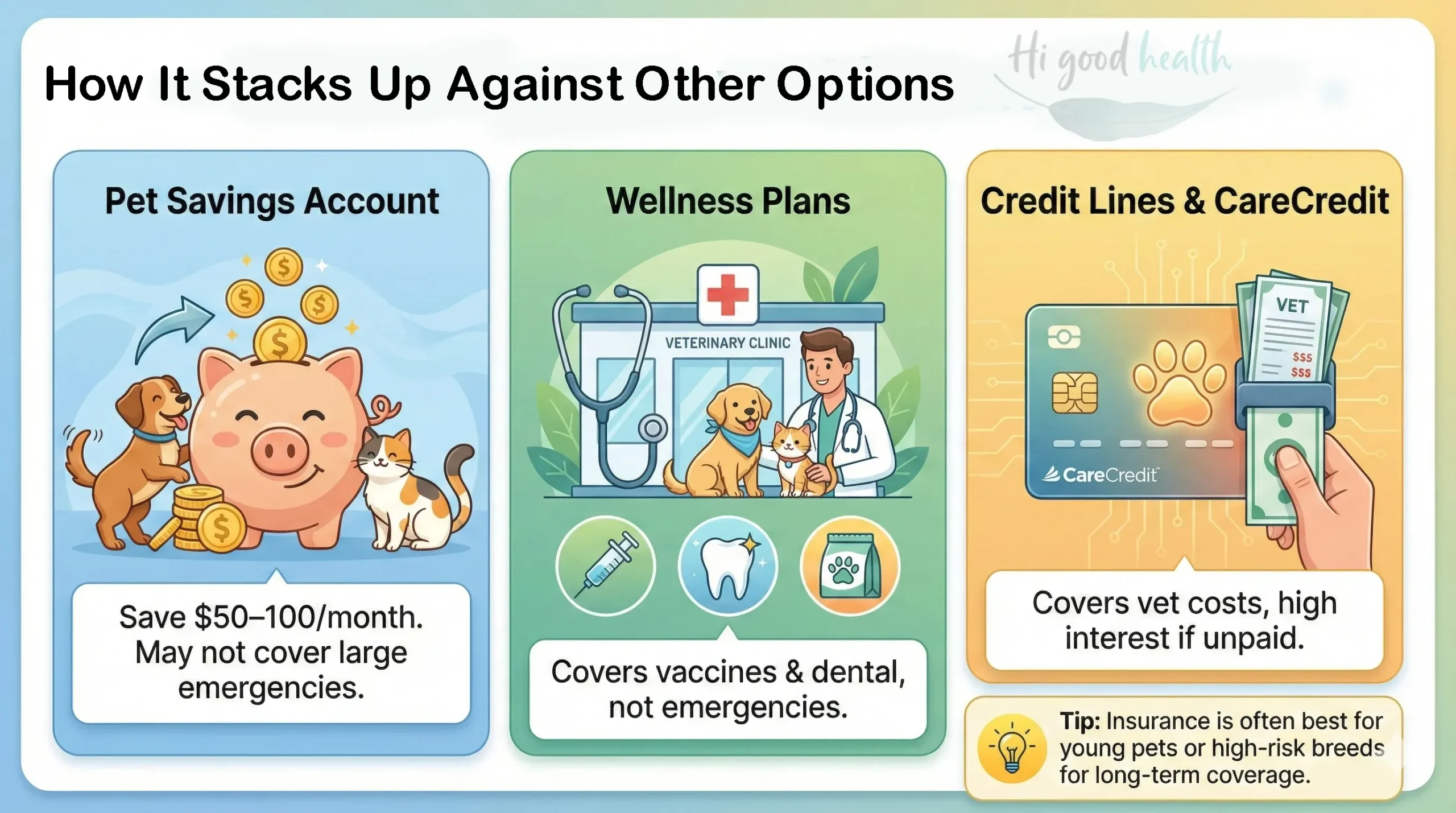 Pet insurance compared with a pet savings account, wellness plans and credit lines such as CareCredit, with the cost and limits of each option