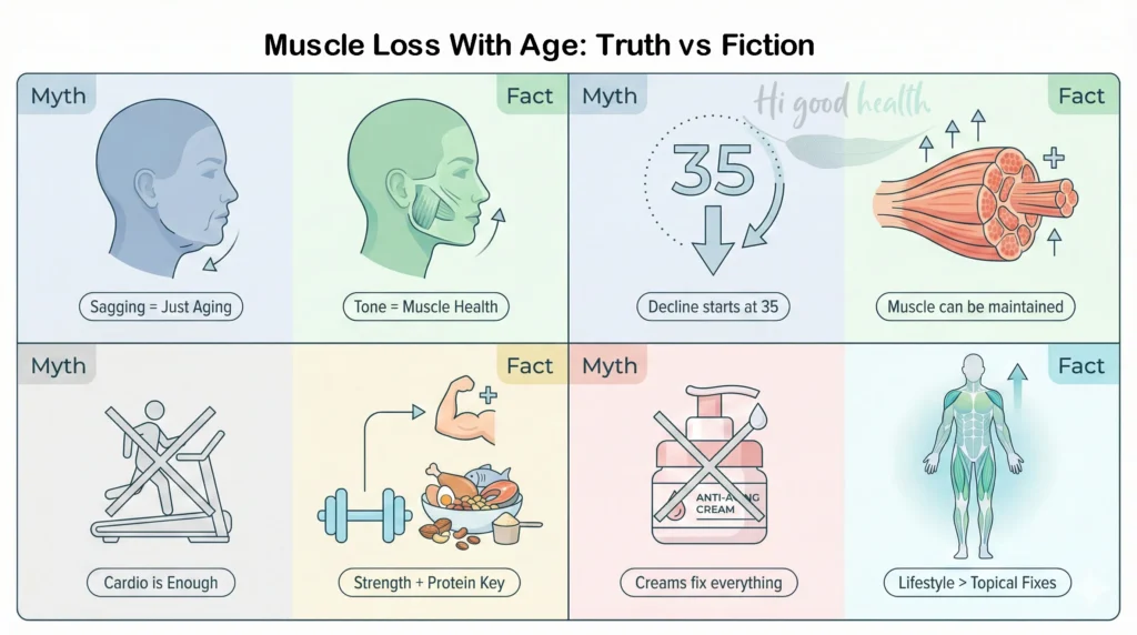 Muscle loss affects appearance, causing facial sagging, breast and glute droop, and posture changes; resistance training and nutrition help.