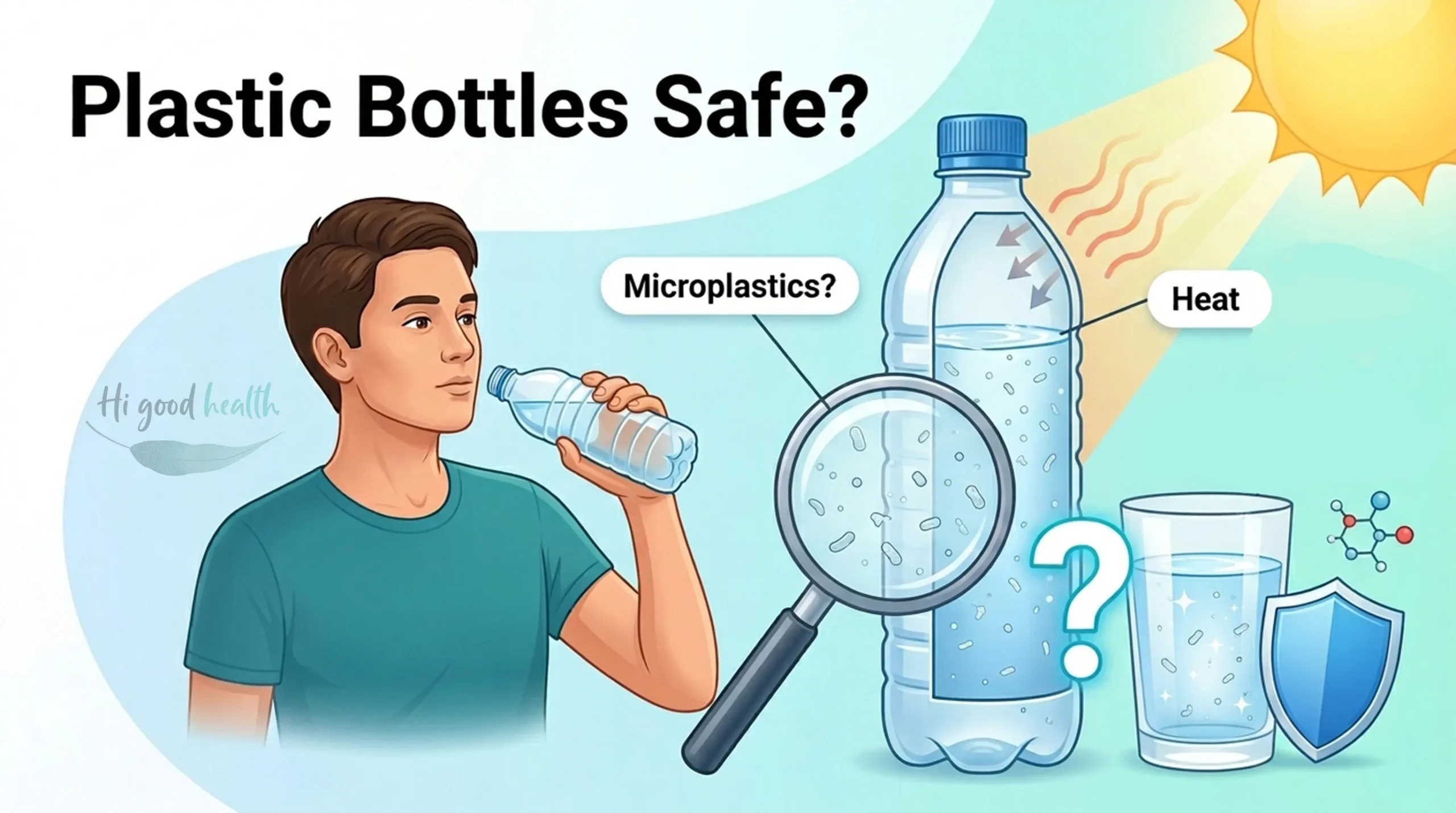 Are Plastic Bottles Safe? The Hidden Risks of Drinking Water from Plastic & What to Do 2 A man drinking from a plastic water bottle, with a magnifying glass revealing particles in the water and a second bottle warming in the sun, labelled Microplastics and Heat, titled Plastic Bottles Safe?