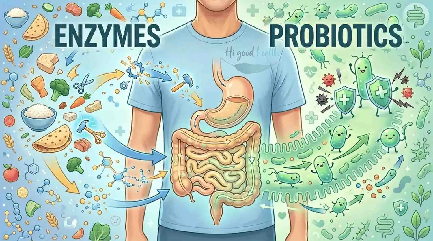 Split illustration of a person's digestive tract with enzymes breaking down food on one side and friendly probiotic bacteria defending the gut on the other, headed Enzymes and Probiotics