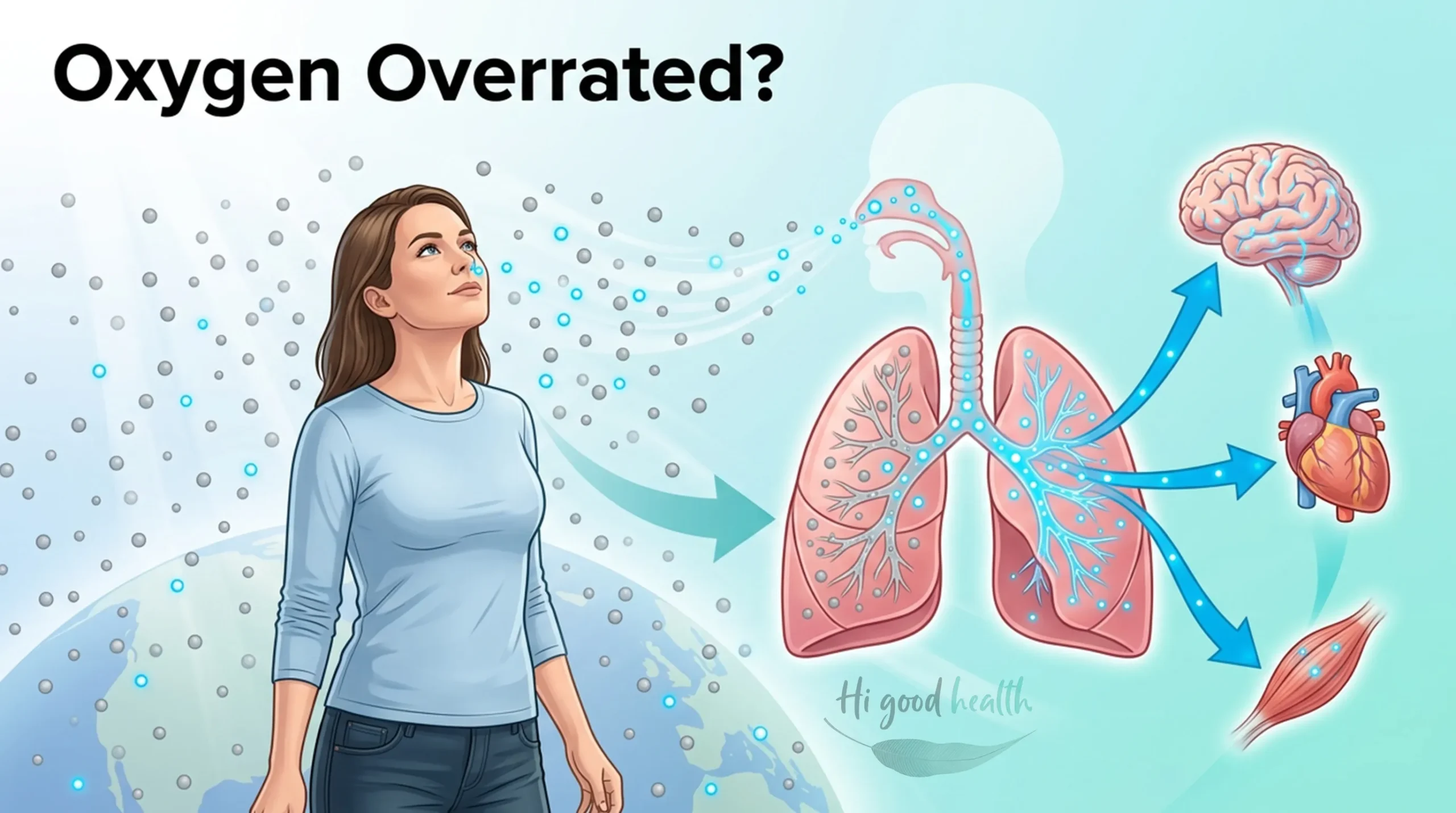 A woman breathing in air shown as a field of gas molecules, with arrows tracing the flow into illustrated lungs and on to the brain, heart and muscle, titled Oxygen Overrated?