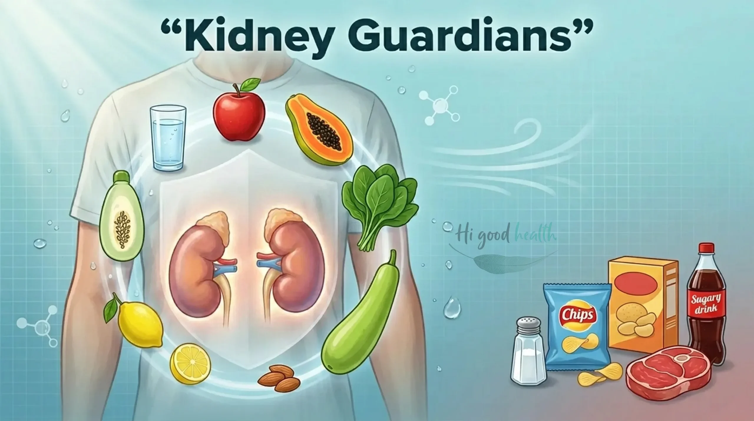 Kidney Warning Signs You Shouldn’t Ignore 2 A torso with the kidneys highlighted, ringed by kidney-friendly foods such as apple, papaya, spinach, avocado, lemon and water, with crisps, salty snacks, red meat and sugary drinks set apart, titled Kidney Guardians