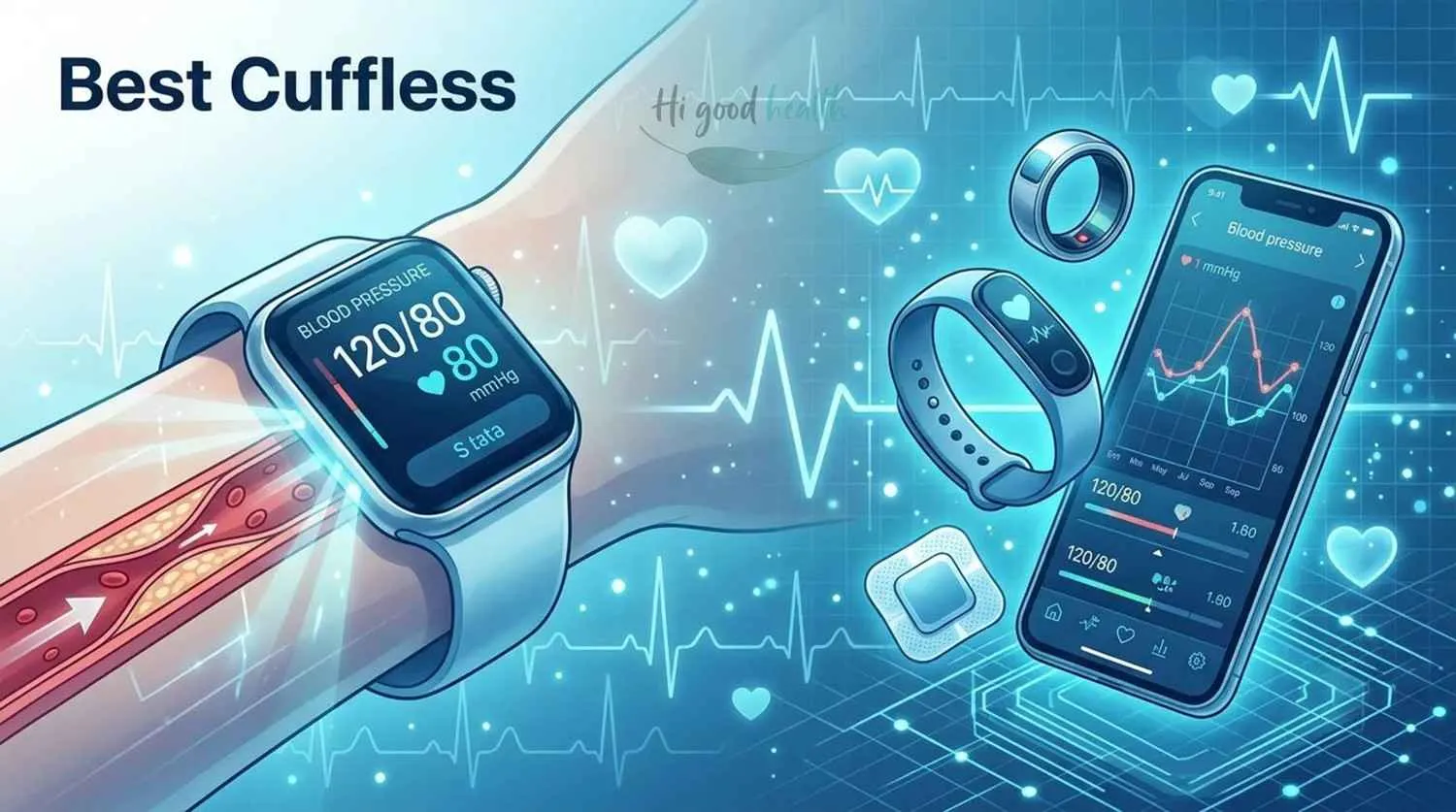 Are Cuffless Blood Pressure Monitors Accurate? 2026 Picks Compared 2 Smartwatch showing a 120 over 80 blood-pressure reading above an artery, with a smart ring and phone app, headed Best Cuffless
