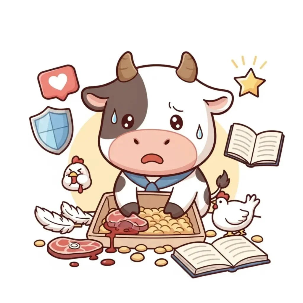 Cartoon worried cow beside a protection shield and a book, on whether milk is safe