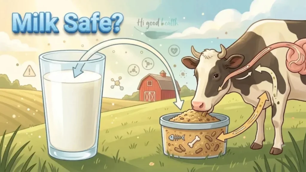 Glass of milk beside a cow at a feed trough on a farm, headed Milk Safe