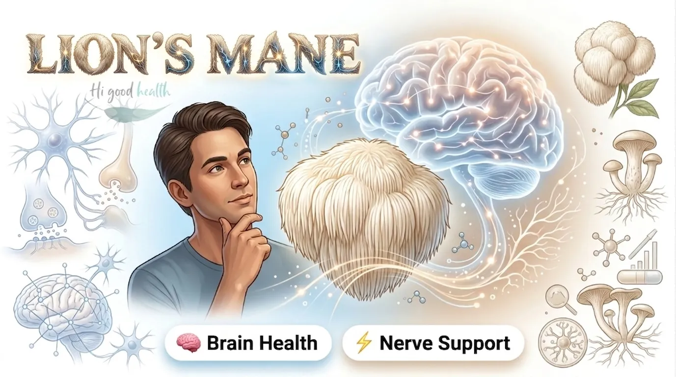 Lion’s Mane - The Secret Brain Booster Used by Buddhist Monks! Hype or Neuroscience Miracle? 2 A man looking thoughtfully at a shaggy white Lion’s Mane mushroom beside an illustrated brain with nerve pathways, surrounded by neuron diagrams, labelled Brain Health and Nerve Support