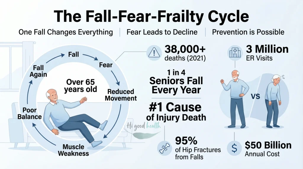 Fall-Fear-Frailty cycle in seniors with risks and statistics – 2D medical infographic