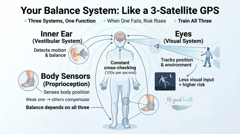 Human balance system – inner ear, vision, and proprioception infographic