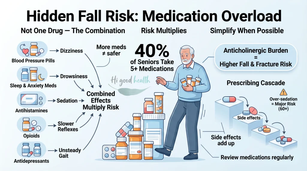 Medication overload in seniors – polypharmacy fall risk infographic