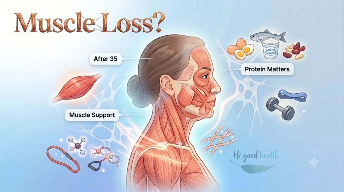 Profile of a woman with her facial and neck muscles shown beneath the skin, alongside protein foods such as fish, eggs and Greek yoghurt and a resistance band and dumbbell, labelled After 35, Muscle Support and Protein Matters, titled Muscle Loss?