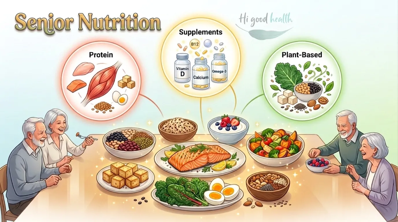 Older couples sharing a table spread with salmon, tofu, beans, eggs, leafy greens and berries, with three panels above showing protein sources, vitamin D, B12, calcium and omega-3 supplements, and plant-based foods, titled Senior Nutrition