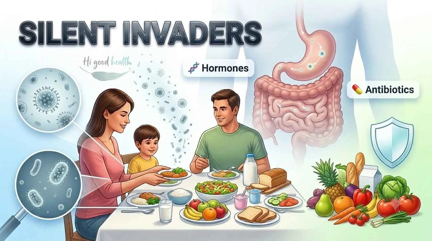 A family eating a meal together with magnified bacteria and hormone particles drifting over the table, a digestive tract and a shield beside a spread of fruit, vegetables, dairy and bread, titled Silent Invaders